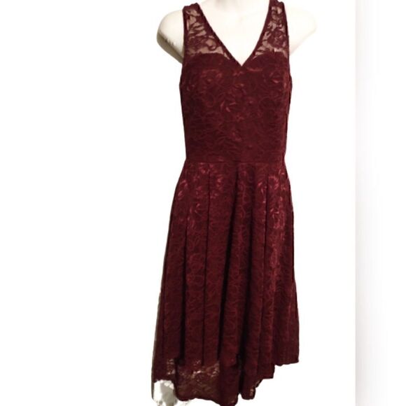 Burgundy Floral Lace Sleeveless High Low Asymmetrical Maxi Dress S - Picture 2 of 5